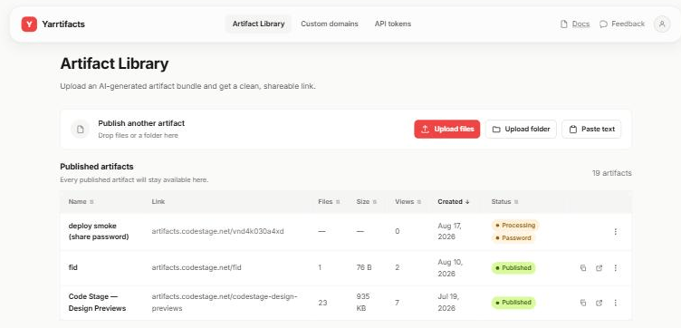 The signed-in Artifact Library listing published artifacts with their links, file counts, sizes, view counts and status