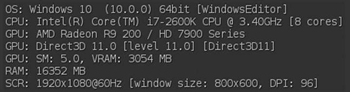 Device readout showing OS, CPU, GPU, VRAM, RAM and screen details
