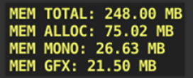 Memory readout showing total, allocated, mono and graphics driver memory