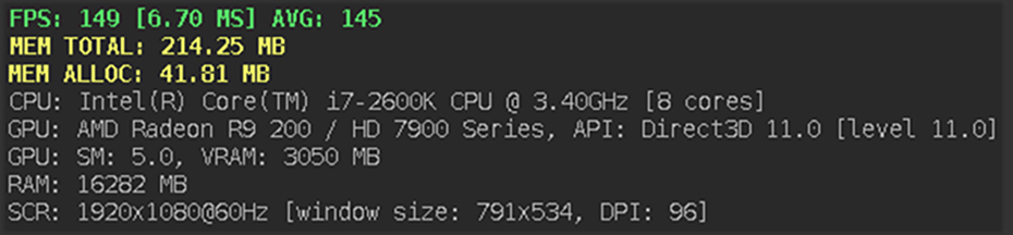 The counter overlay in a running build: frame rate, frame time, memory and device details