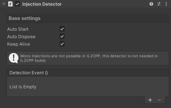 Injection Detector component in the Unity inspector