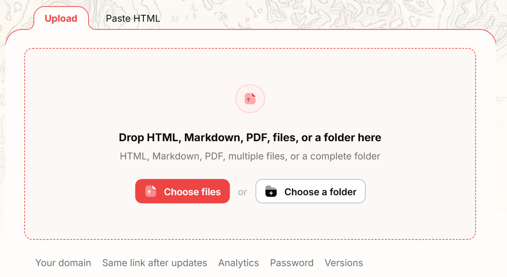 The Yarrtifacts upload panel: a drop zone for HTML, Markdown, PDF, several files or a whole folder