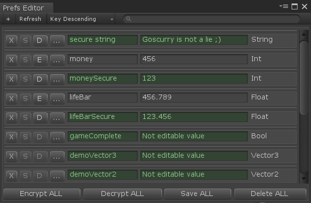 Obscured Prefs editor window listing encrypted player prefs alongside plain ones