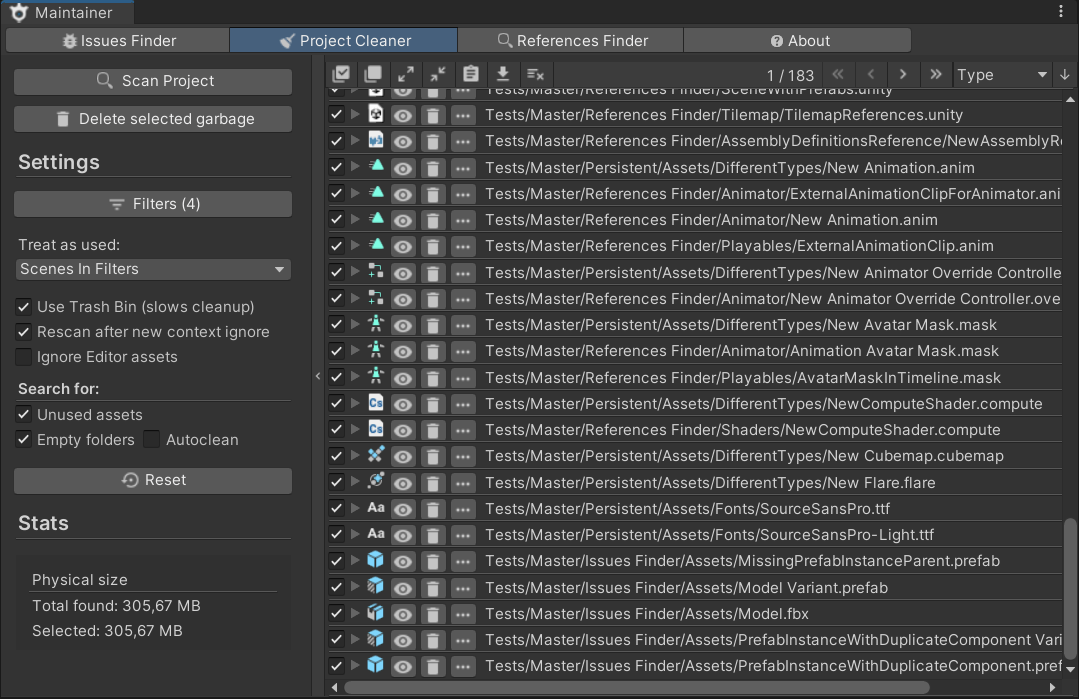 Project Cleaner listing unused assets with the total size it can reclaim