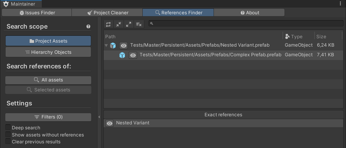 References Finder showing which prefabs reference a selected asset