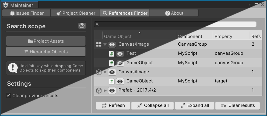 The Maintainer window split diagonally between the dark and light Unity editor skins