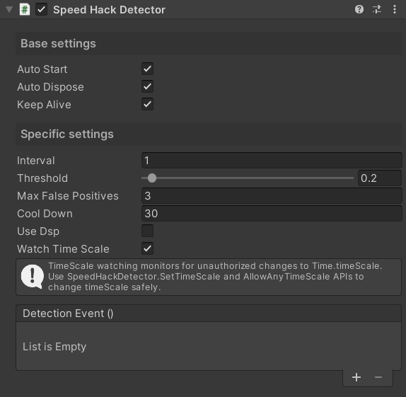 Speed Hack Detector component in the Unity inspector