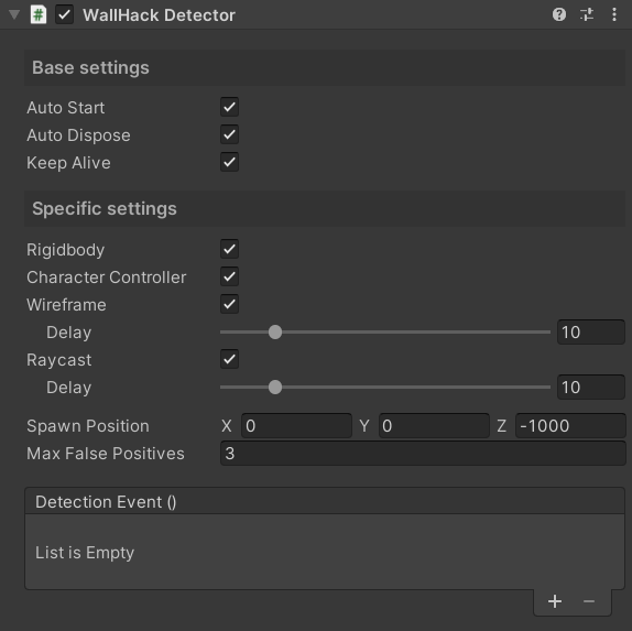 WallHack Detector component in the Unity inspector